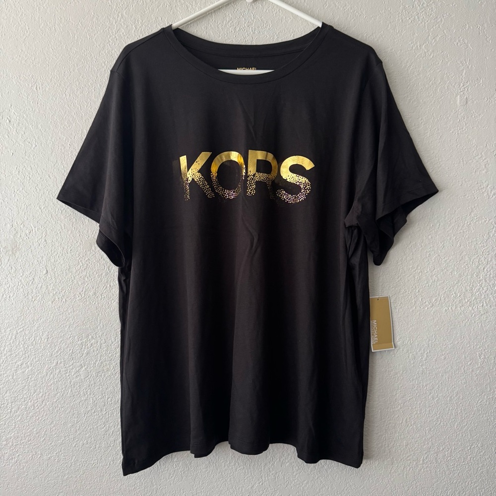 Michael Kors Black And Gold Logo Short Sleeve Shirt Women’s Plus Size 2X NEW
